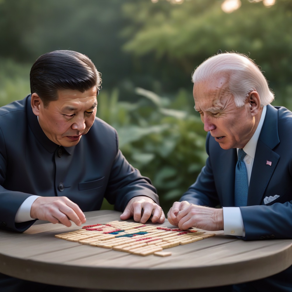Two world leaders playing a tile game in a garden