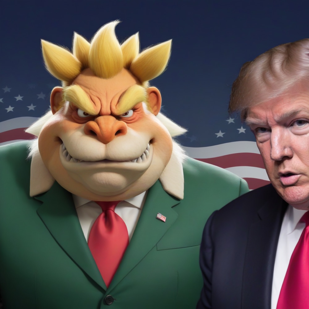 A cartoon monster politician beside a real one