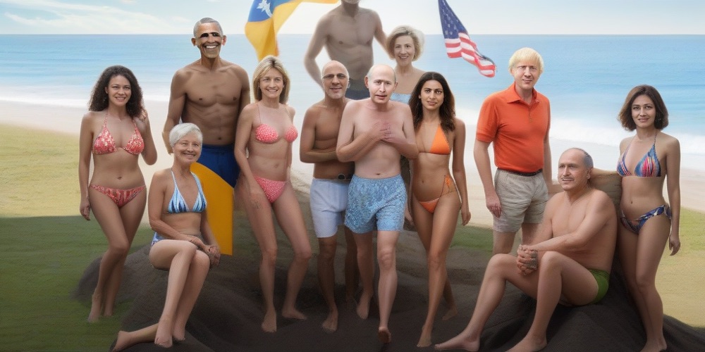 Group portrait of world leaders on a beach