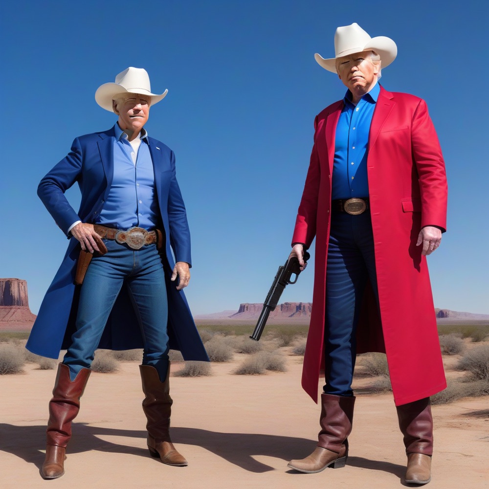 Two politicians dressed as cowboys in a desert