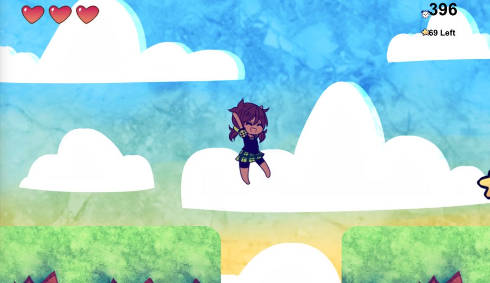 A hand-drawn character leaping between watercolour clouds above a green landscape