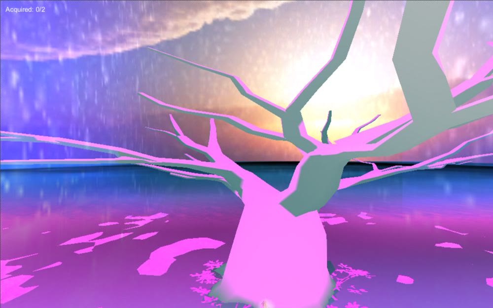 A low-poly pink and green tree on a violet lake under a rainy sunset sky