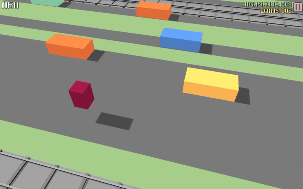 Flat-shaded coloured blocks crossing a grey highway in a minimalist 3D scene