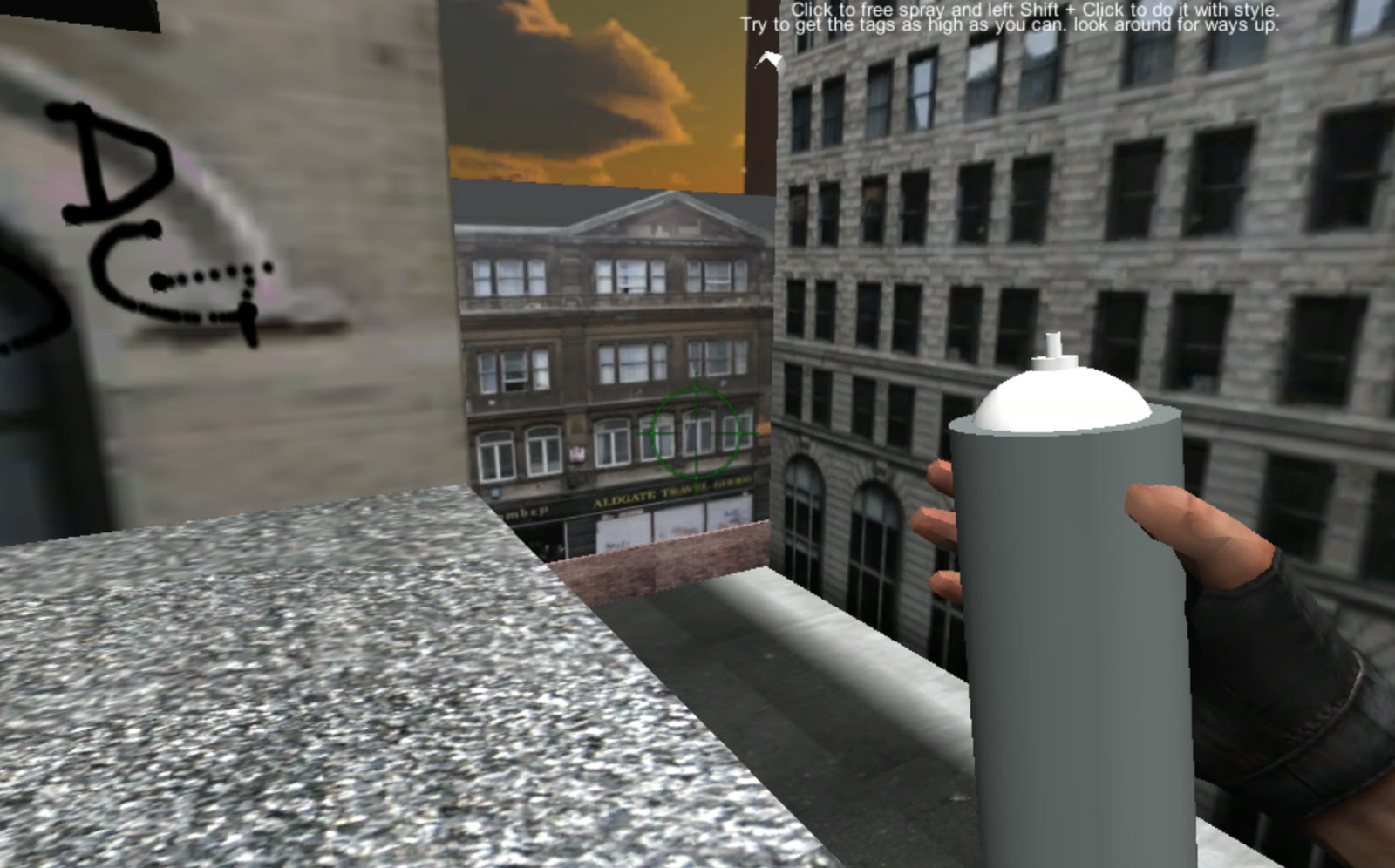 A first-person view holding a spray can on a rooftop above a reconstructed New York street