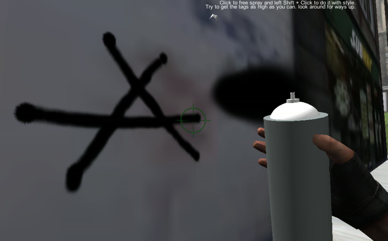 A large black tag sprayed onto a wall in the virtual city