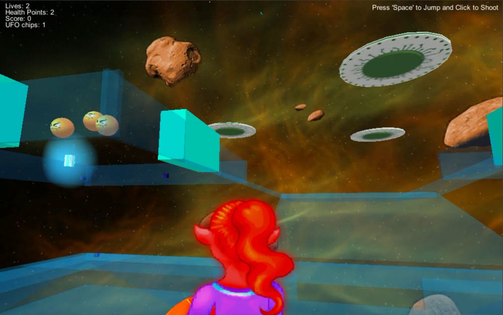 A red-haired character facing flying saucers and asteroids above translucent blue platforms