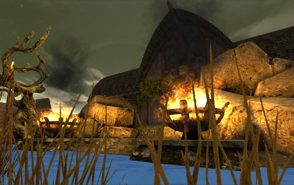 A burning timber hall seen through reeds at the edge of a river at dusk
