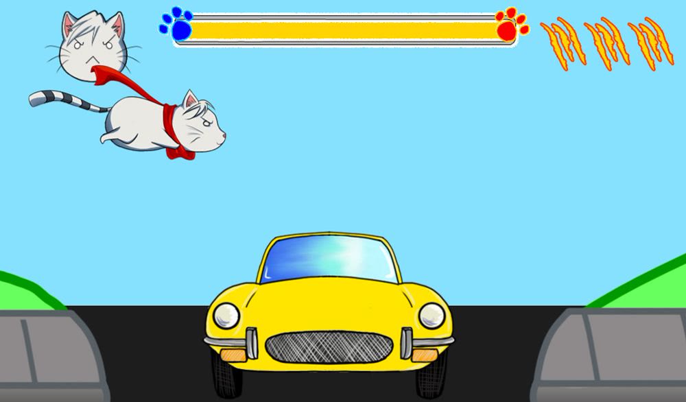Two hand-drawn cats flying above a yellow car on a cartoon road