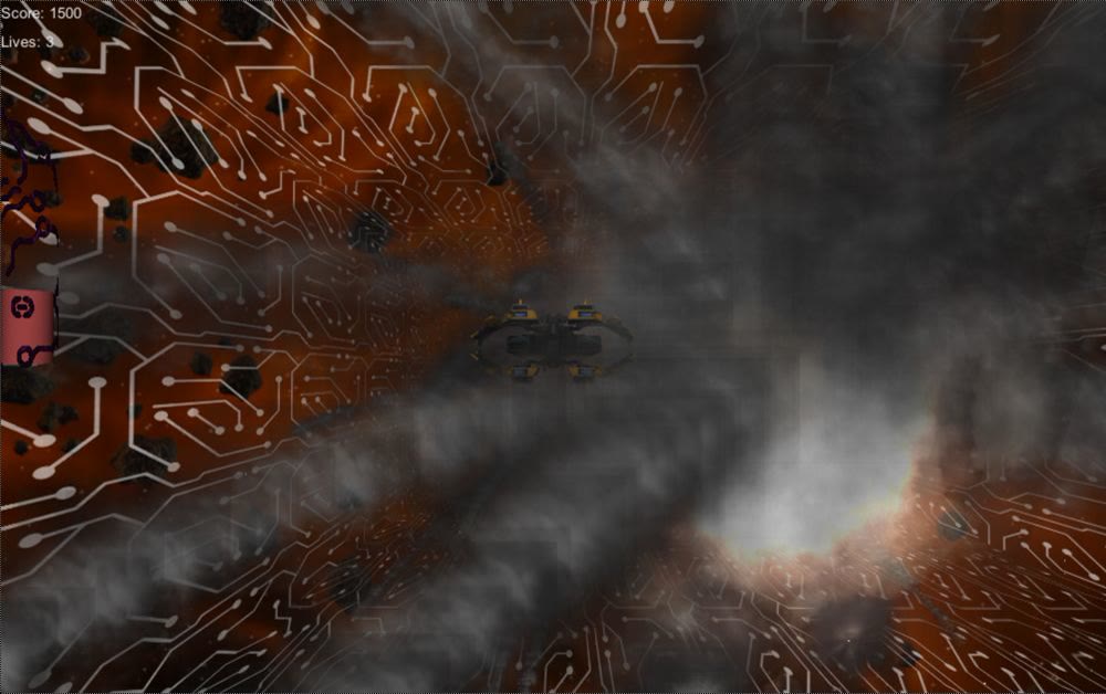 A small ship threading debris across a red circuit-board nebula