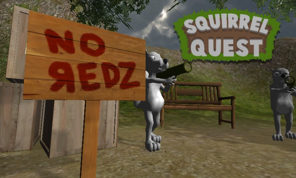 Grey squirrels holding weapons beside a wooden sign reading NO REDZ