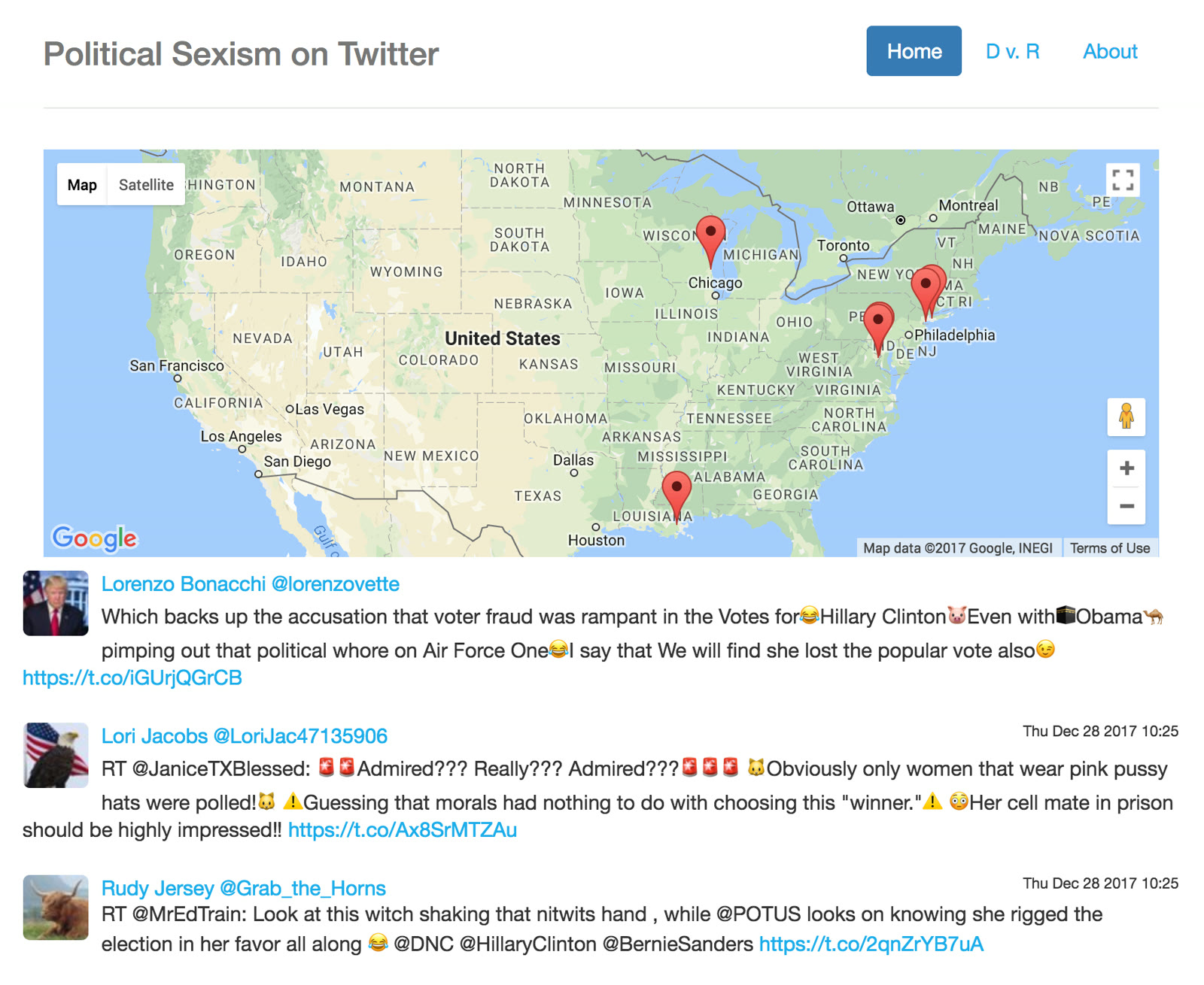 The app's home view: a US map with pinned tweets listed beneath it