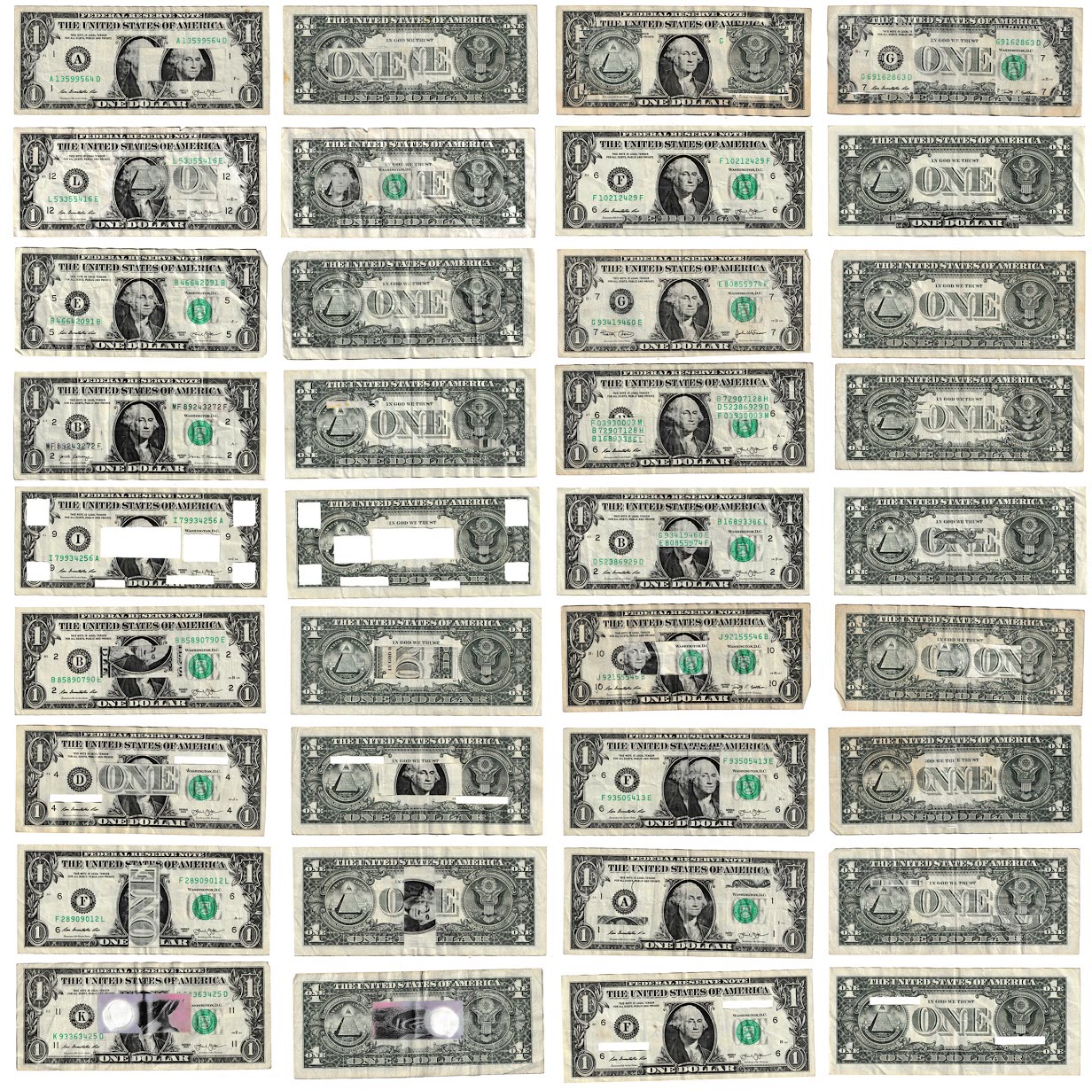 A grid of thirty-six one dollar bills with serial numbers and design elements altered or swapped